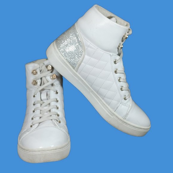 Guess High Top Sneaker Women's Sz 6 White Quilted Athletic Shoe Rhinestone Heelt - Picture 1 of 10